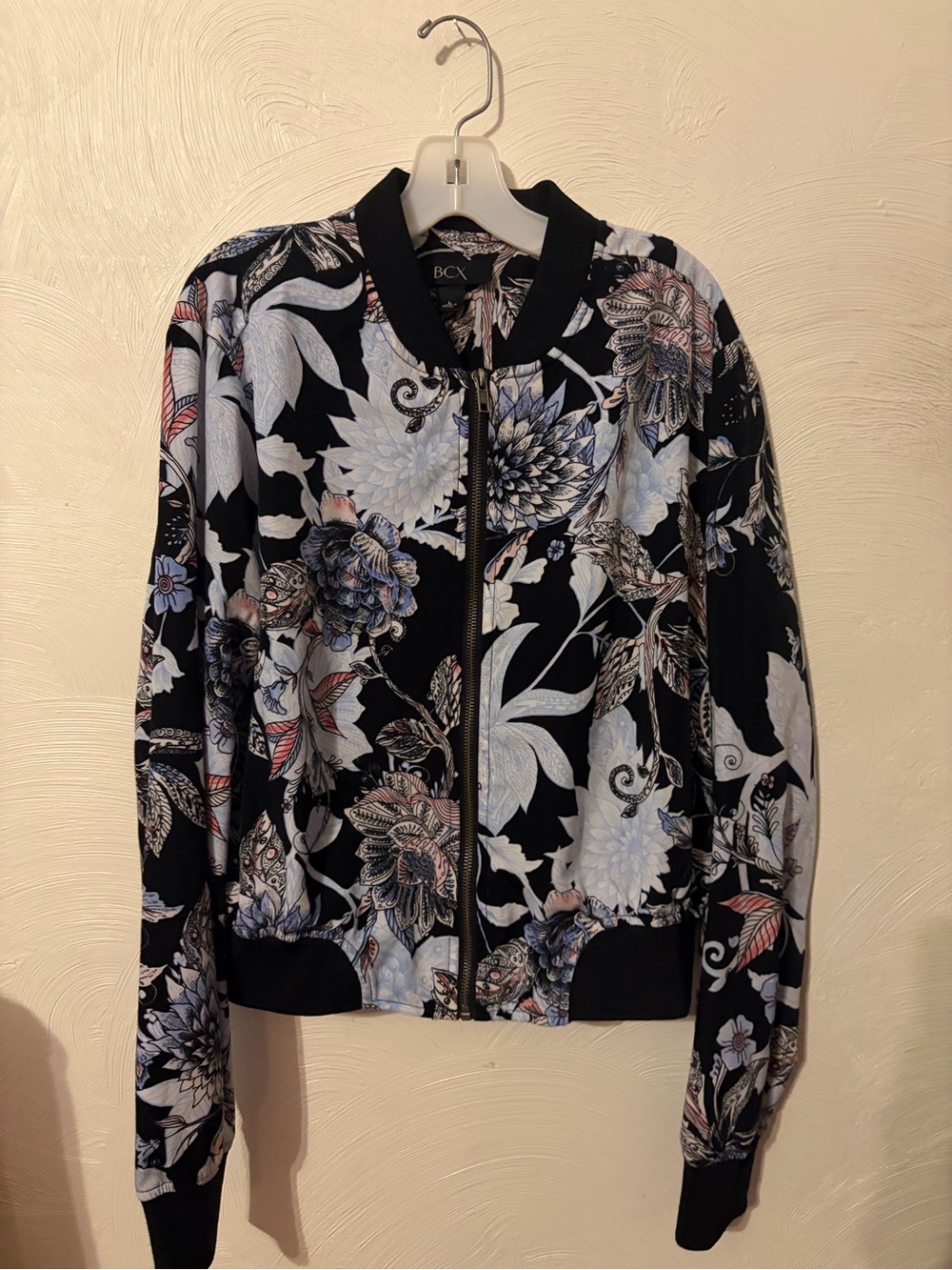 BCX Black Floral Bomber Jacket with Blue and Pink Accents